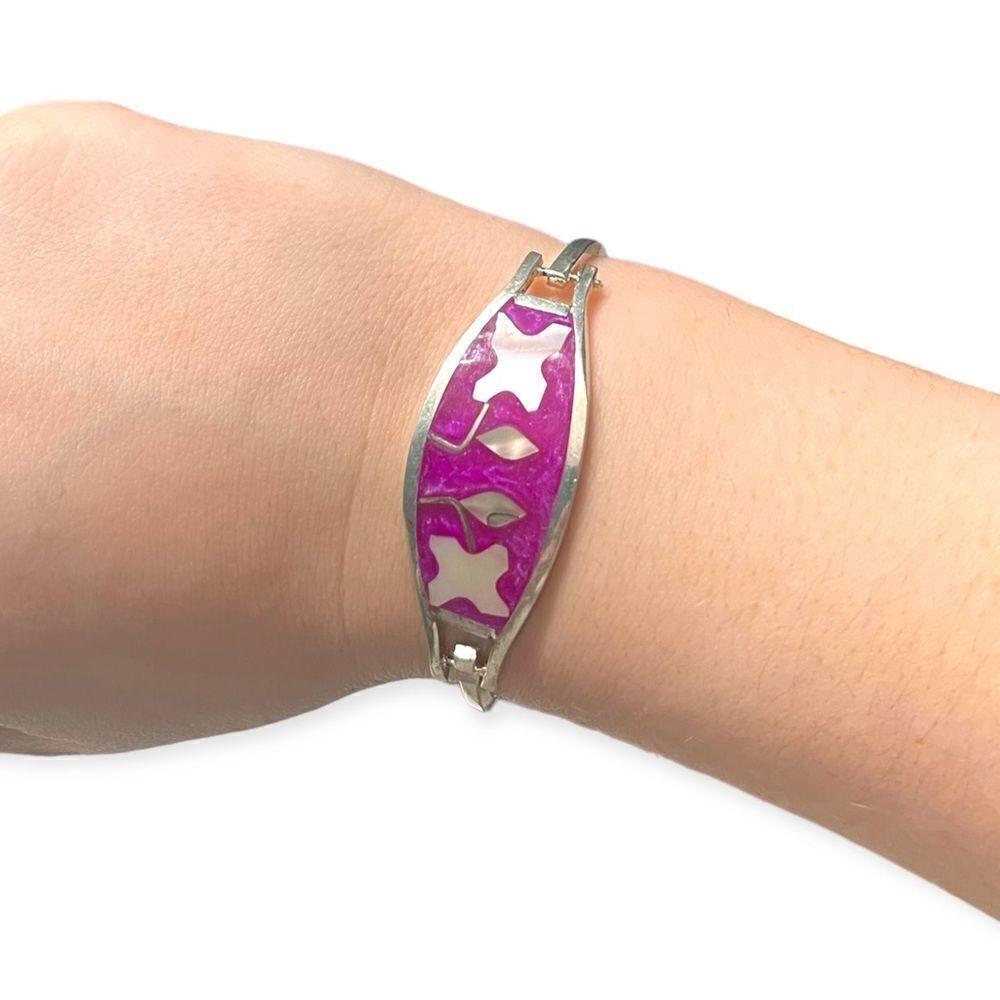 Vintage Alpaca Mexico Silver Abalone Shell Mother-of-Pearl Flower Bracelet